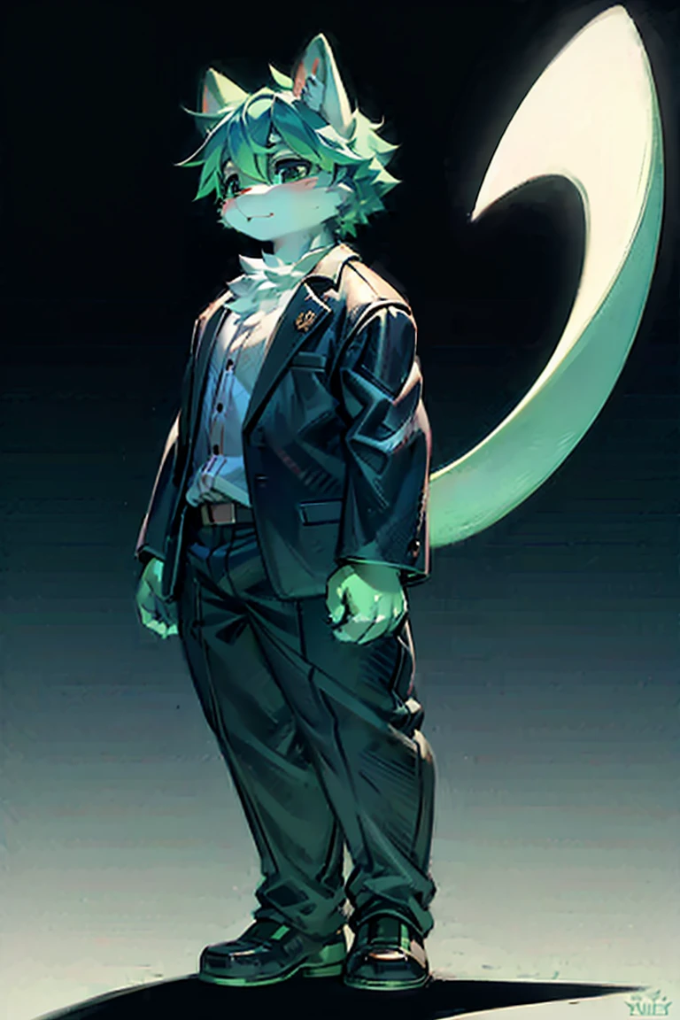 You are a professional illustrator。
Create a mascot character illustration suitable for a blog site icon。
#PrerequisitesCharacter Design:It has fluffy fur and rabbit-like ears.、Has a tail。limbs are short。
color:Anime Style、The tip of the hair is light green.:Background big enough to stand on an adult's shoulders:Located in the middle of a forest where sunlight filters through the trees.:Standing on a large stump:Standing gaze:Camera position:Slightly above and in front of the character