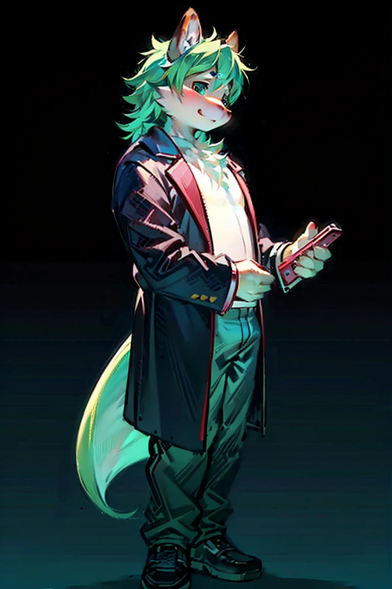 You are a professional illustrator。
Create a mascot character illustration suitable for a blog site icon。


#PrerequisitesCharacter Design：It has fluffy fur and rabbit-like ears.、Has a tail。limbs are short。
color：Anime Style、The tip of the hair is light green.：Background big enough to stand on an adult&#39;s shoulders：Located in the middle of a forest where sunlight filters through the trees.：Standing on a large stump：Standing gaze：Camera position：Slightly above and in front of the character