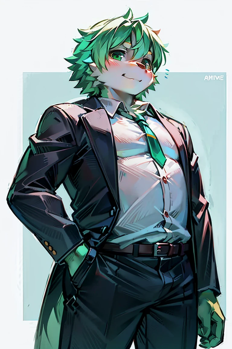 You are a professional illustrator。
Create a mascot character illustration suitable for a blog site icon。
#PrerequisitesCharacter Design:It has fluffy fur and rabbit-like ears.、Has a tail。limbs are short。
color:Anime Style、The tip of the hair is light green.:Background big enough to stand on an adult's shoulders:Located in the middle of a forest where sunlight filters through the trees.:Standing on a large stump:Standing gaze:Camera position:Slightly above and in front of the character