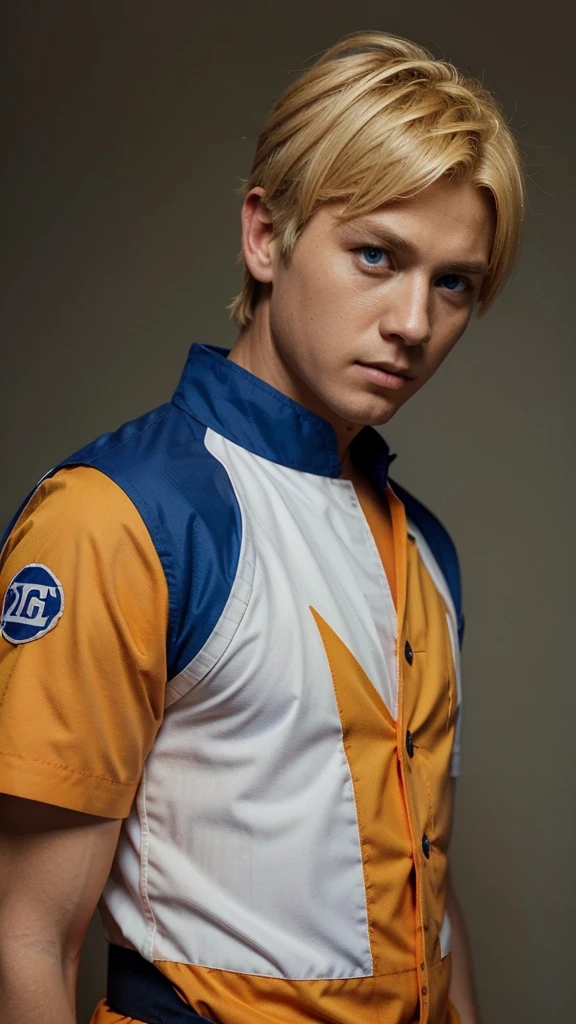 Boy, blonde hair, blue eyes, orange uniform, with blue shoulders and white collar, Naruto's appearance https://images.app.goo.gl/Gy8L9cdbF8WmB5LB6
