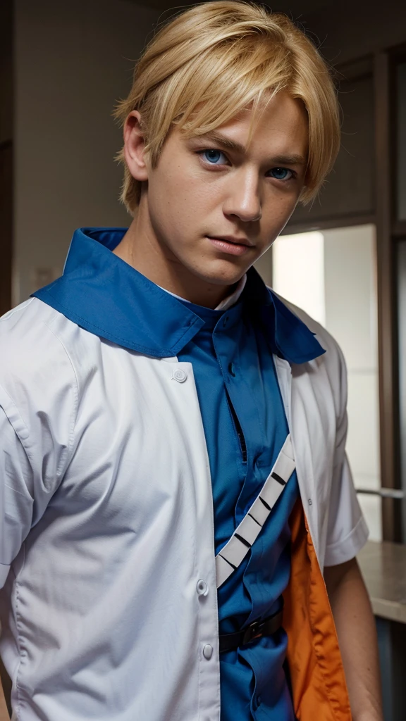 Boy, blonde hair, blue eyes, orange uniform, with blue shoulders and white collar, Naruto's appearance https://images.app.goo.gl/Gy8L9cdbF8WmB5LB6