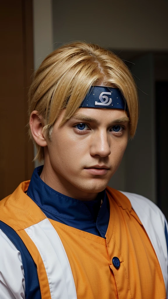 Boy, blonde hair, blue eyes, orange uniform, with blue shoulders and white collar, Naruto's appearance https://images.app.goo.gl/Gy8L9cdbF8WmB5LB6