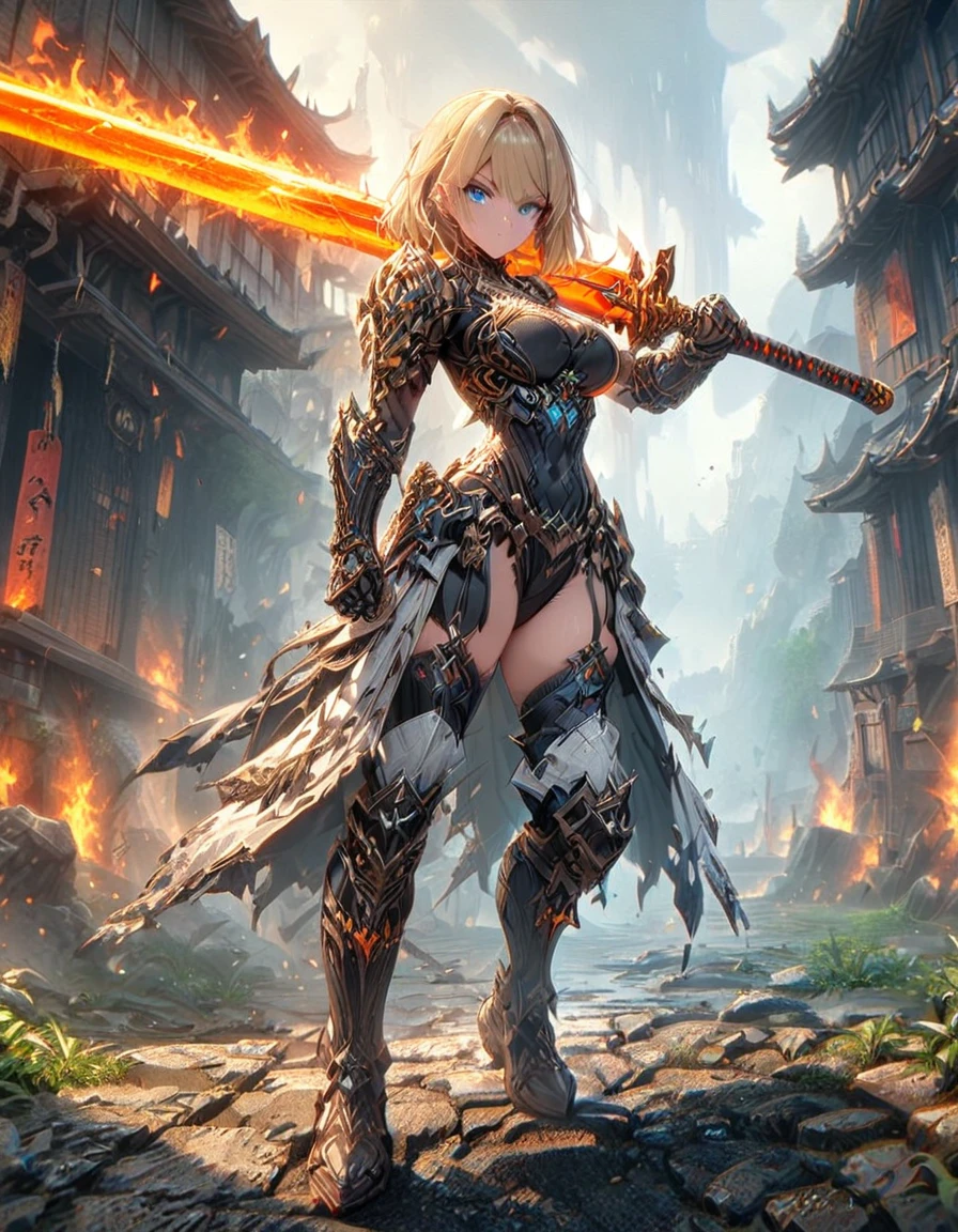 masterpiece, best quality, 1girl, blonde_hair, blue_eyes, boots, long white overcloat, breasts, clenched hand, clenched hands, crop top, full body, gloves, knee boots, medium hair, medium breasts, midriff, navel, bob hair, solo, standing, thighhighs, turtleneck, black leotard, ninja, (holding a samurai sword, katana, glowing sword), burning japanese village backdrop, danger atmosphere, grim, stance, full body with costume