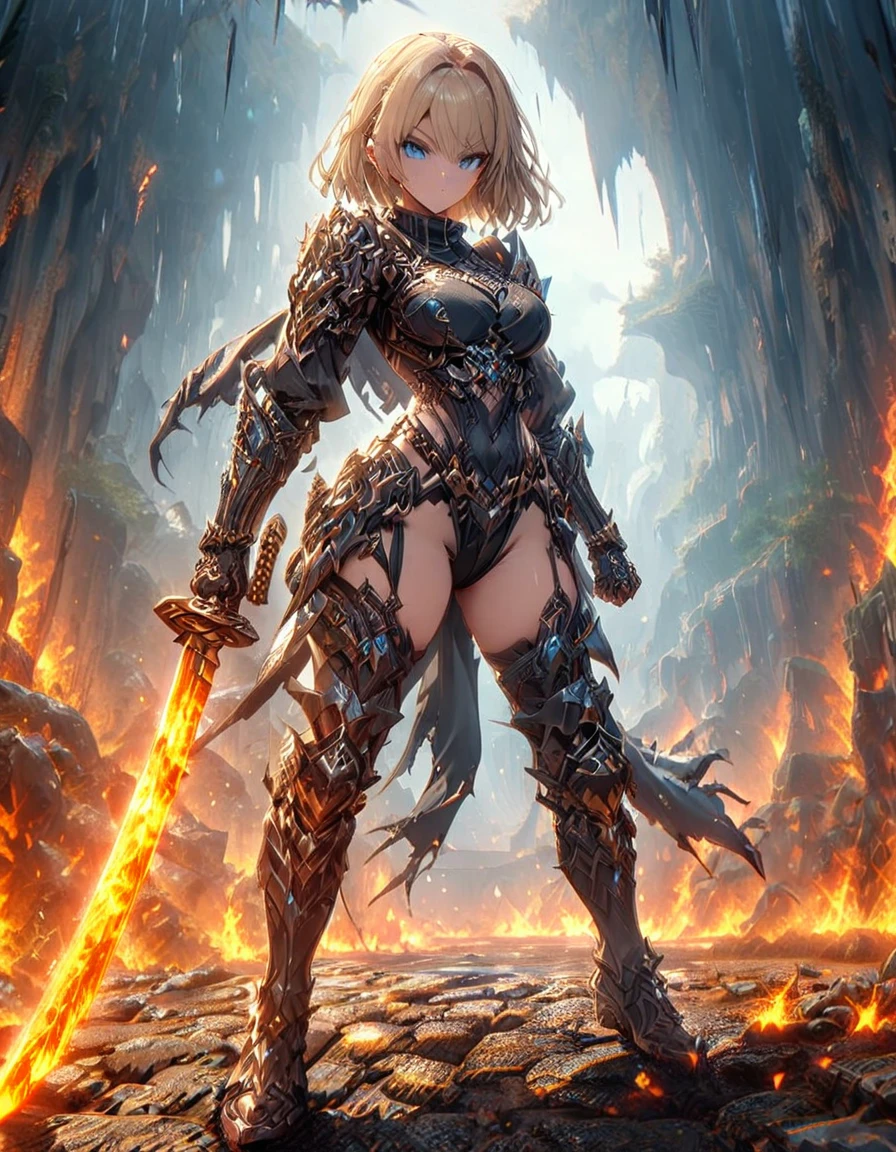 masterpiece, best quality, 1girl, blonde_hair, blue_eyes, boots, long white overcloat, breasts, clenched hand, clenched hands, crop top, full body, gloves, knee boots, medium hair, medium breasts, midriff, navel, bob hair, solo, standing, thighhighs, turtleneck, black leotard, ninja, (holding a samurai sword, katana, glowing sword), burning japanese village backdrop, danger atmosphere, grim, stance, full body with costume
