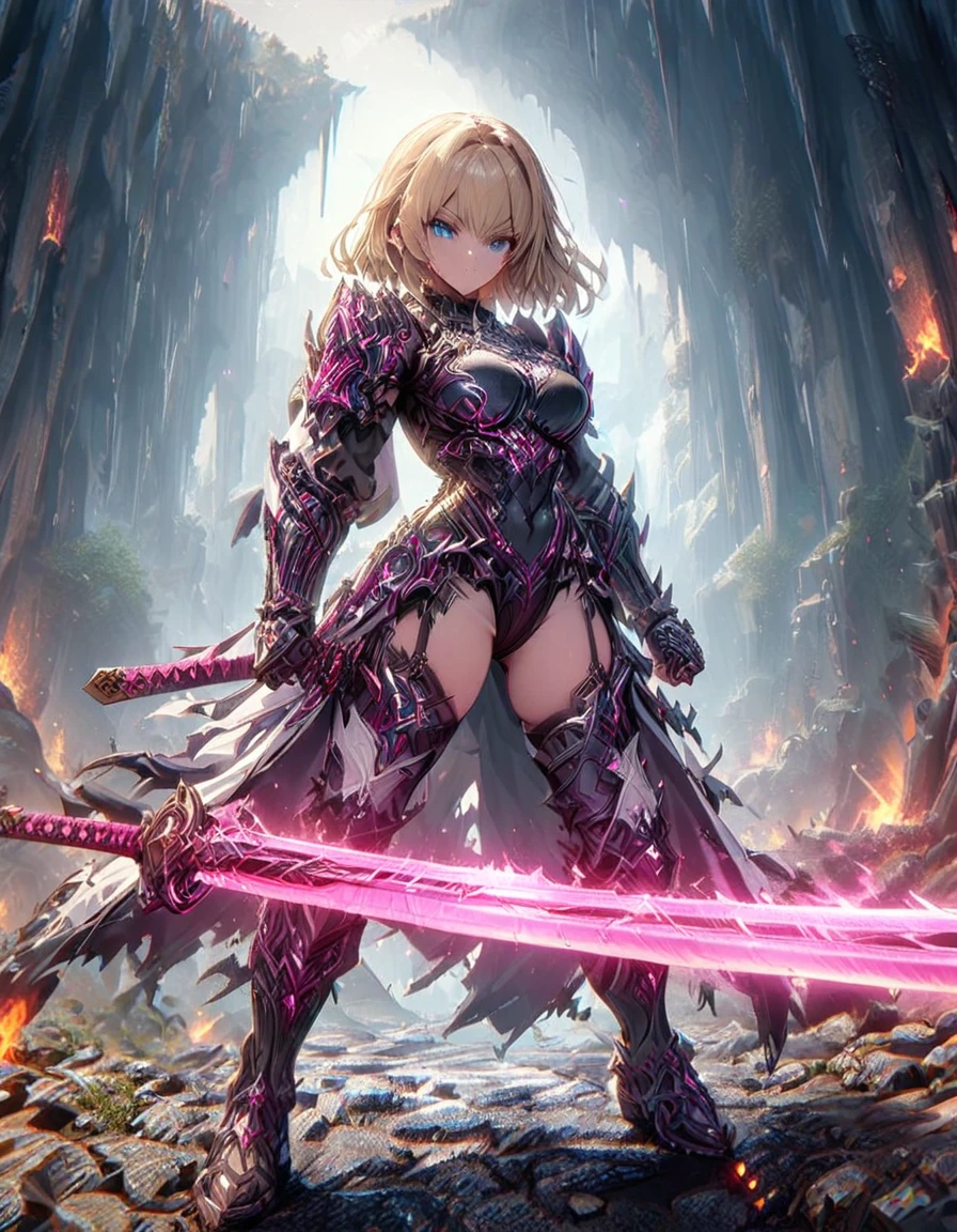 masterpiece, best quality, 1girl, blonde_hair, blue_eyes, boots,  long white overcloat, breasts, clenched hand, clenched hands, crop top, full body, gloves, knee boots, medium hair, medium breasts, midriff, navel, bob hair, solo, standing, thighhighs, turtleneck, black leotard, ninja, (holding a samurai sword, katana, glowing sword), burning japanese village backdrop, danger atmosphere, grim, stance, full body with costume