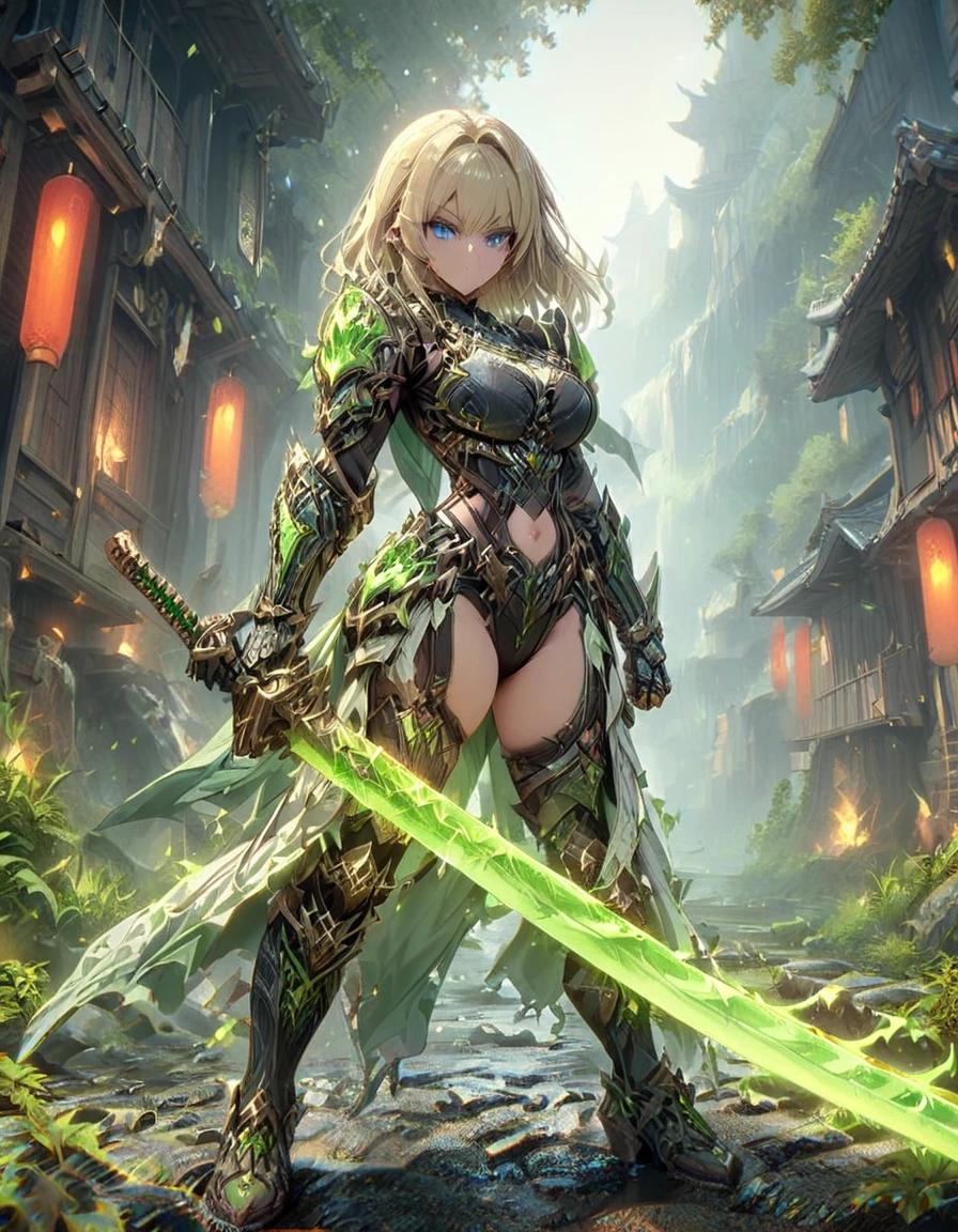 masterpiece, best quality, 1girl, blonde_hair, blue_eyes, boots, long white overcloat, breasts, clenched hand, clenched hands, crop top, full body, gloves, knee boots, medium hair, medium breasts, midriff, navel, bob hair, solo, standing, thighhighs, turtleneck, black leotard, ninja, (holding a samurai sword, katana, glowing sword), burning japanese village backdrop, danger atmosphere, grim, stance, full body with costume