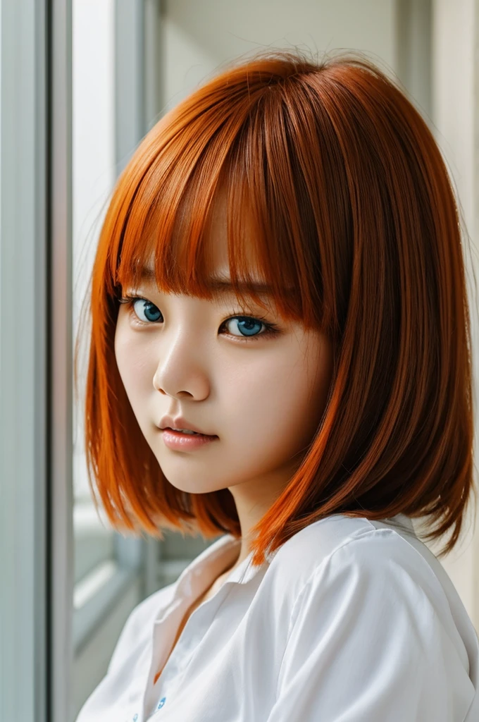 Gorgeous Korean teenager girl with orange hair with straight bangs and blue eyes wearing a  