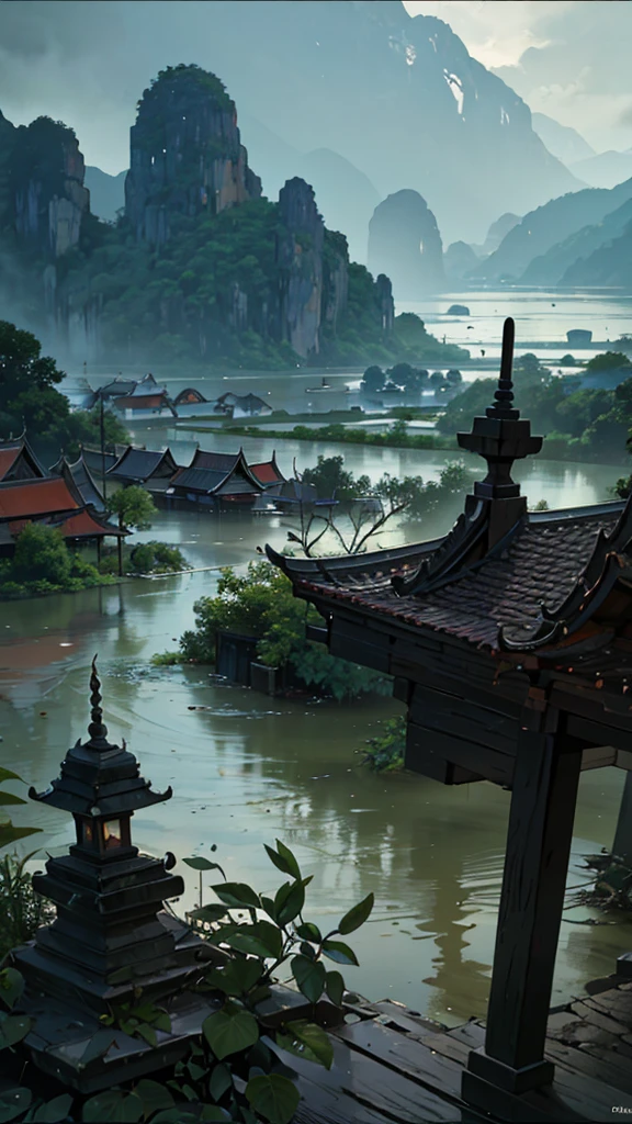 Close-up of a mobile phone with a picture of a river, flood ไหลเชี่ยว อุทกภัย ed fishing village, Graveyard Raider Settings, . background: forest river, old asian village, flooded city, Thiti Luatthong, Thai art, flooded, The scene is very detailed., explanations, Monsoon on a tropical island, flood, detailed art scenery, amazing wallpaper, Temple scene submerged in water, floods