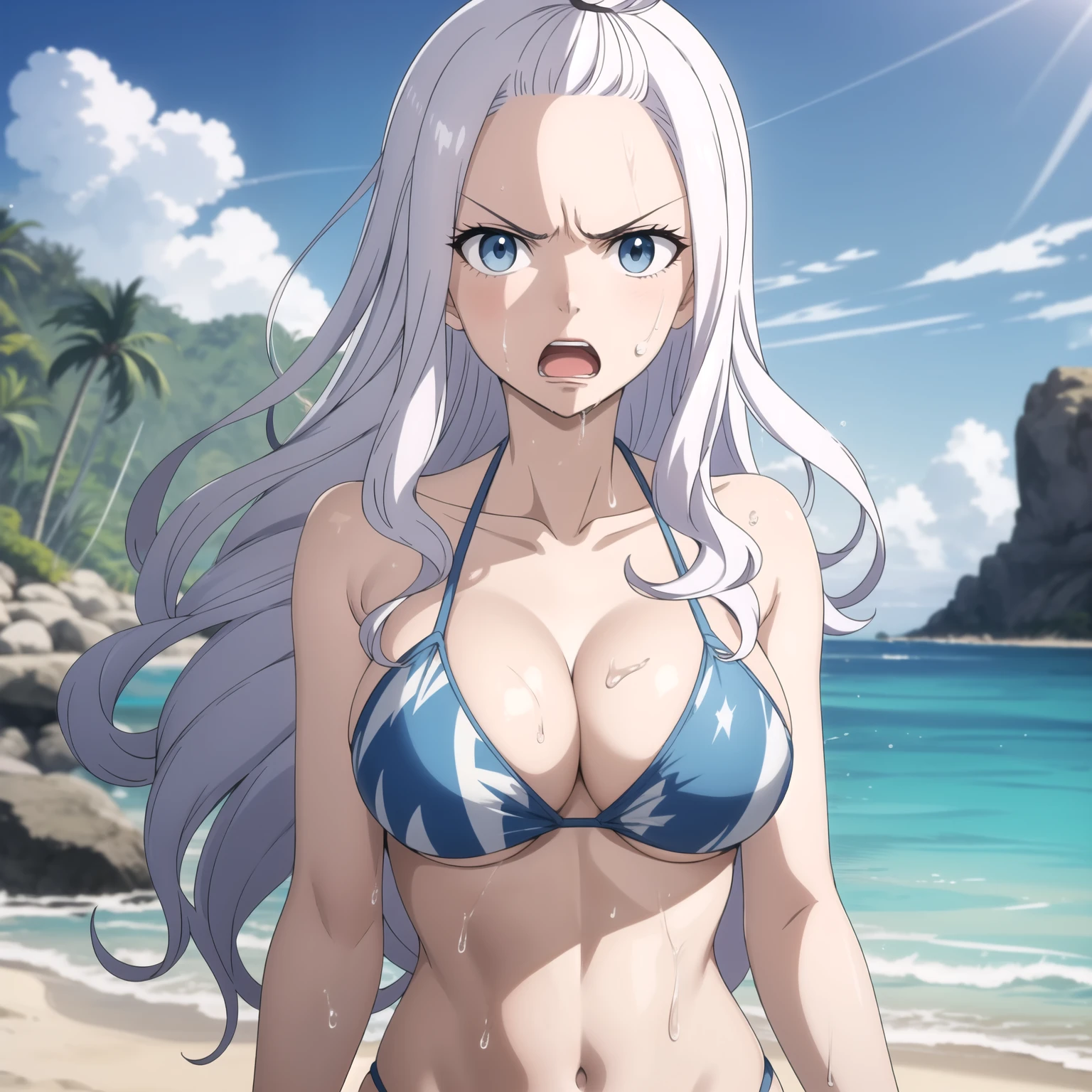 Mirajane Strauss, 25 year old woman, Long silver hair, blue eyes, angry expression, screaming open mouth. frown,, big breasts, light blue bikini, drops of water on his chest, WET BODY, is standing, hands behind head, in front of the viewer, whole body., background a tropical beach. perfect hands. drops of water on his chest