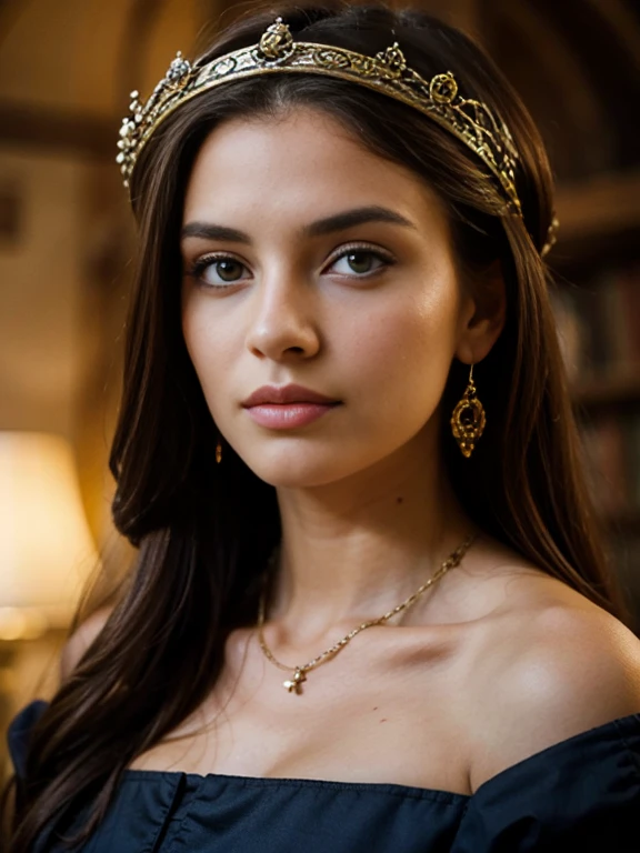 Close up shot , looking at viewer, Medieval British women's clothing, English girl, 18 age old, (Blond hair, short ponytail , wince, wince, half-closed Blue eyes, beautiful lip, serious), gold crescent earrings, gold neckless, (big breasts, slender whist, wide hip, real public hair, corrected pussy and anal) , textured skin , HI detailed skin, (foreshortening, Canon, uhd, anatomically correct, super detail, high details, highness,