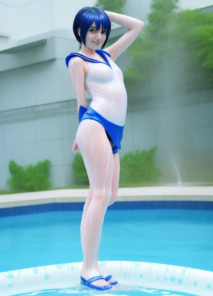 8k, japanese, High School1 person, age 15, Sailcury, A cosplay that is wet ,Wet blue short hair, Wet arms,Wet legs,Wet Face, pose, Highest quality, wet poolside, smile