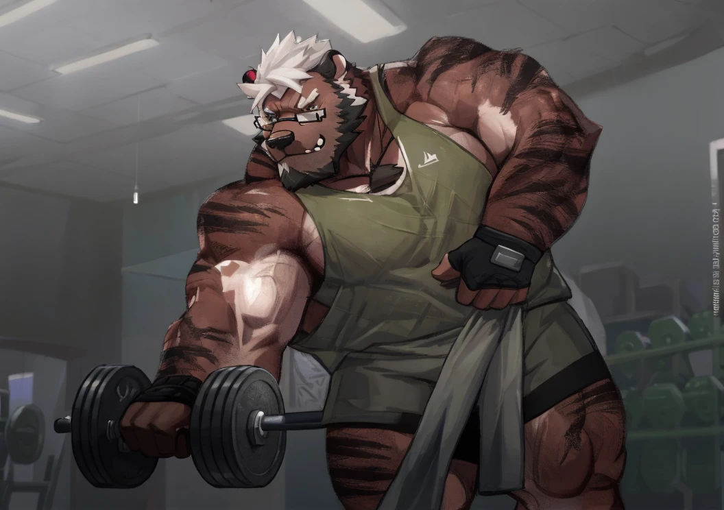 solo, 1boy, Huge Middle aged Muscular Old Grizzly Bear Daddy wearing glasses , pectoral, huge pectoral, wide pectoral, short white hair, gym shorts black wristbands and black top, bearded, Mustache, gym background, frontside, masterpiece, high detailed, 8k, high resolution, at the gym working out his chests, Dumbbell lifting