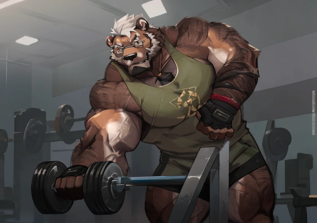 solo, 1boy, Huge Middle aged Muscular Old Grizzly Bear Daddy wearing glasses , pectoral, huge pectoral, wide pectoral, short white hair, gym shorts black wristbands and black top, bearded, Mustache, gym background, frontside, masterpiece, high detailed, 8k, high resolution, at the gym working out his chests, Dumbbell lifting