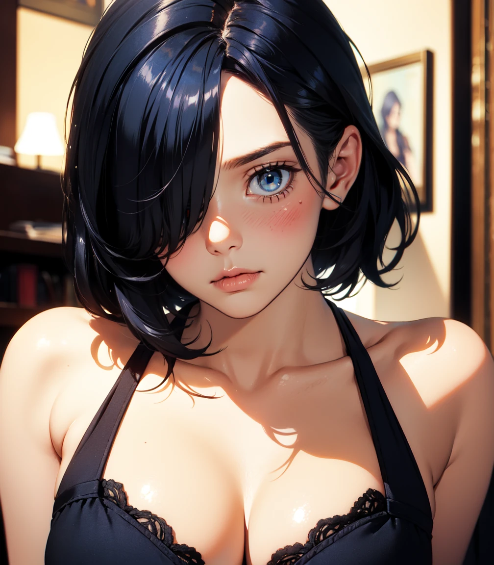 Masterpiece, best quality, 16k resolution, NVIDIA RTX Ray Tracing technology, Create a 4K resolution, ultra-realistic, and extremely detailed artwork, award winning, retina, soft light, sharp focus.(hyper-realistic:1.4) , (medium shot:1.5)
Rem from rezero, (remrin), cute, lustrous skin, enchanting gaze, blue hair, short hair, (hair over one eye:1.3), blue eyes, roswaal mansion maid uniform, black skirt, garter belt, intricate lace, apron, white thighhighs, looking at viewer, strongly ashamed, embarrased, blushing, epic, cinematic, dramatic, reflective, shining, purple glow, big breasts, cleavage, sexy, modeling pose, turned
smooth perfect skin, smooth_skin
Beautiful、(red blush)、big breasts,
FULL BODY SHOT, ultra wide angle, textured skin, face detail, clean skin, perfect hands, perfect anatomy, anatomically correct