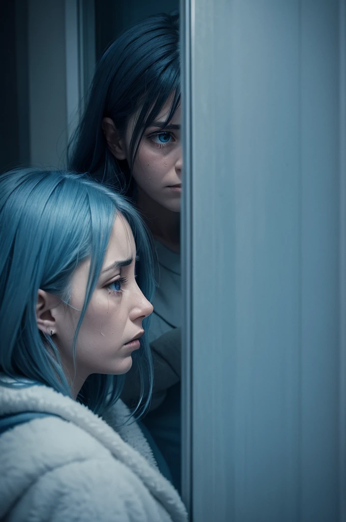 An image in blue tone, cold and sad woman with sad face and crying, looking out a window and outside it's a stormy night, raining and cold