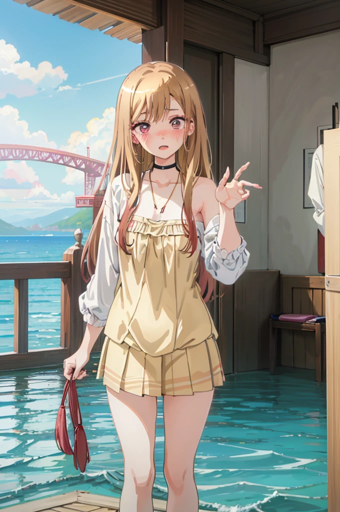Light brown hair、bikini姿、エッチbikini姿、Random pose、bikini、Light brown hair、Semi-long hair、Pale red eyes、Random pose、Seaside Road、Sea view road、Blushing、Embarrassed expression、、Pale purple eyes、、Blushing、lipstick、Perfect hands、Detailed hands