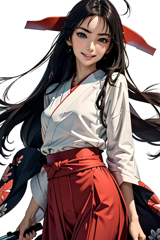 Highest quality High resolution Simple Shrine maiden服 Long bangs Adult female Shrine maiden Loose expression cute smile Scarlet Hakama Beautiful Eyes One Woman Long side hair Very black hair Shiny long hair Straight hair Ahoge Wide sleeves Long hem cute目 White Background