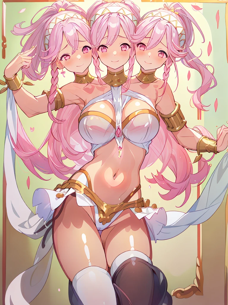 (masterpiece, best quality), best resolution, (3heads:1.5), 1girl, pink hair, long flowing hair, smiling, soft smile, open belly, white crop top, white miniskirt, open , huge tits, spose, ytail, golden headband, sexy dancer out, revealing attire,