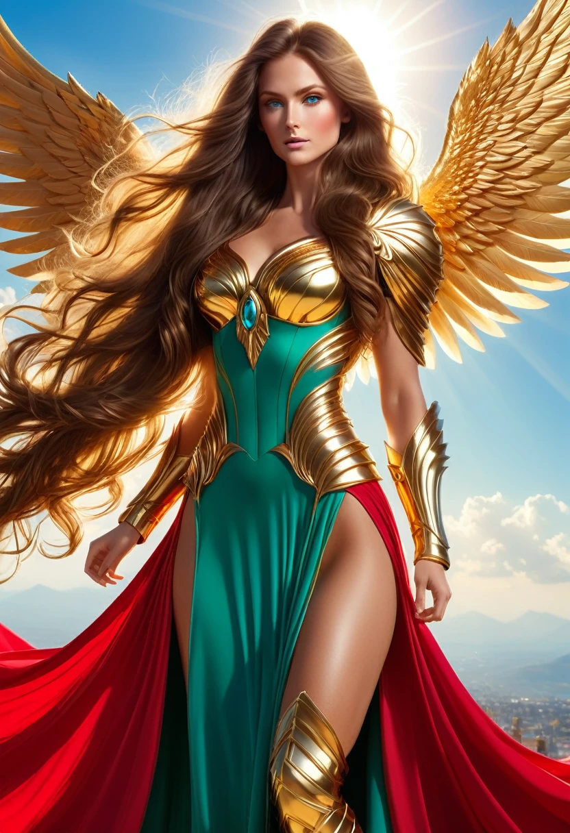 LOVELY WINGGED WOMAN, GOLD HUGE WINGS, HUGE LONG BROWN HAIR, TANNING SKIN BLUE EYES, HIGH CHEEKBONES, ROSY CHEEKS, MENTAL FORAMEN, HUGE LONG HAIR, VOLUMOUS HAIR, RED GREEN LONG DRESS, GOLD GAUNTLETS, ATHLETIC BODY, SIDE BODY VIEW, HEAVEN, SUNLIGHT, BACKLIGHTS, , BLUE SKY, DAYLIGHT, ACCURATE IMAGE, MASTERPIECE.
