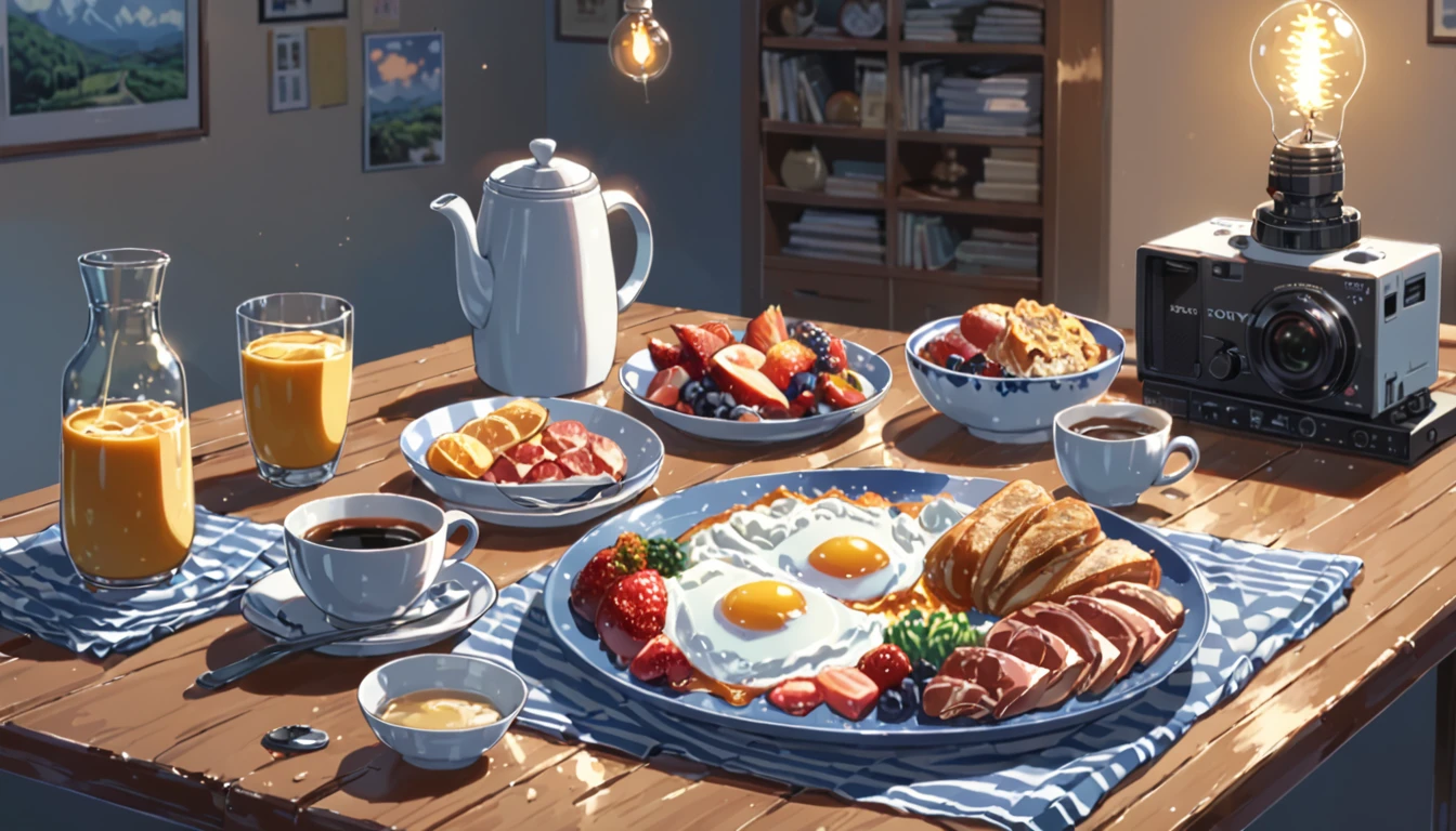 ((Anime: 1.4, Illustration)), (Masterpiece, Top Quality, Best Quality), (Ultra-Detailed, Absolutely Resolution), ((16k, HIGH RES)) (breakfast, morning, lighting), ( Anime: 1.4, Illustration)), (Masterpiece, Top Quality, Best Quality), (Ultra-Detailed, Absolutely Resolution). Ak {Lofi Art, Style of Laurie Greasley, Style of Makoto Shinkai, Anime Aesthetic}, BREAK {(Produces IMAGES WITH ITH INFORMATION THAN 40 Million Pixels with Cinematic-Like Detailed Textures S Hot on a Sony slur).}