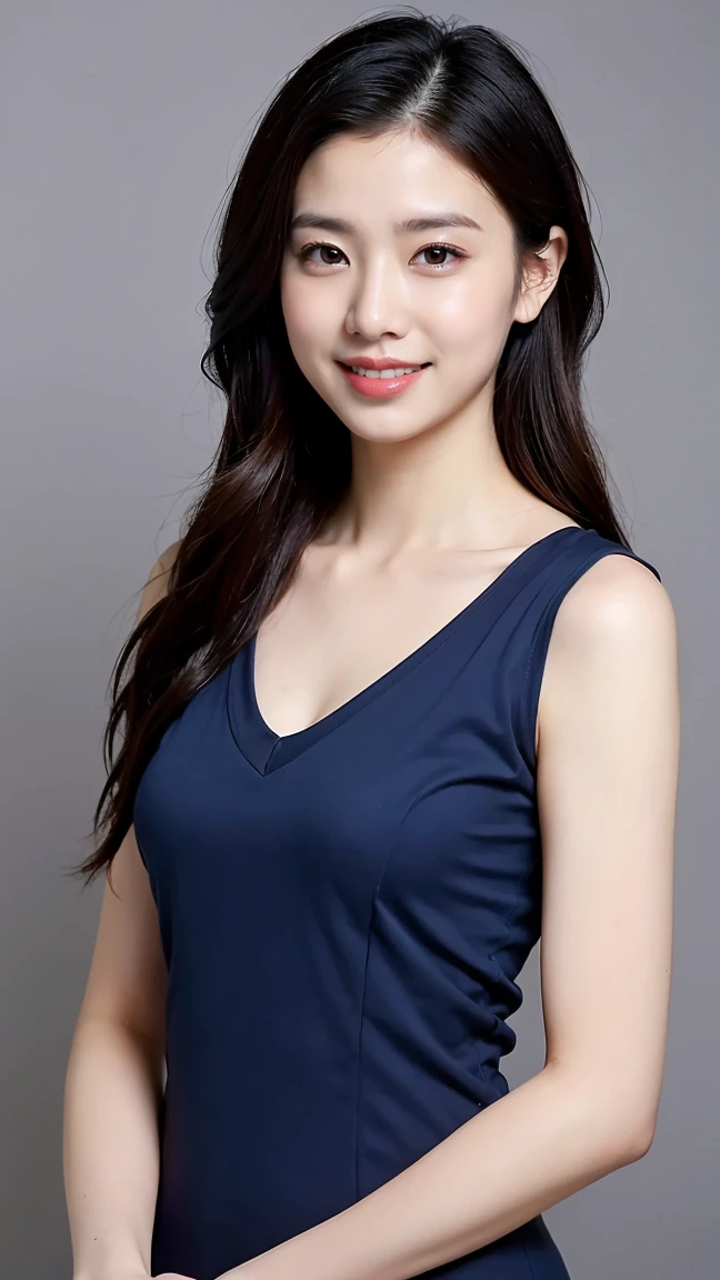 ((Highest quality、8K、masterpiece:1.3))、Realistic, Sharp focus, High resolution, High resolution,Portraiture, One person、Japanese、woman, beautiful woman, (((V-neck sleeveless casual dress)))、30 years old, Attractive person, Medium Long Hair,smile