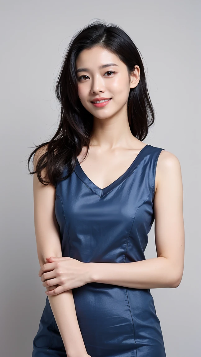 ((Highest quality、8K、masterpiece:1.3))、Realistic, Sharp focus, High resolution, High resolution,Portraiture, One person、Japanese、woman, beautiful woman, (((V-neck sleeveless casual dress)))、30 years old, Attractive person, Medium Long Hair,smile