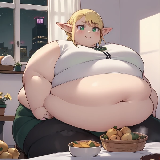 ((Masterpiece)), 1 solo girl, obese erufuda, short hair, pointy ears, obese elf, fat belly, fat arms, fat neck, blonde hair, (green eyes:1.5), braid, ((Perfect body)), smile, thick thighs, eating french potato, very cute, night, in bedroom, 4K