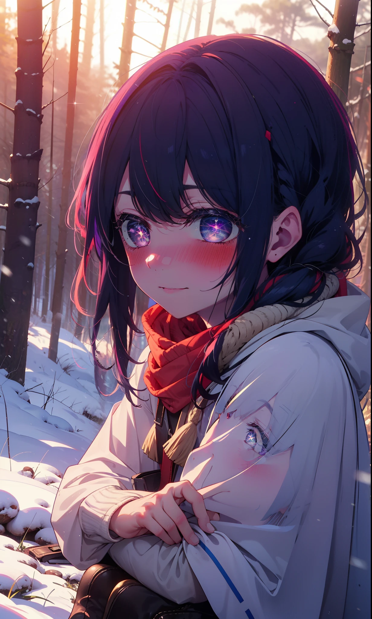 aihoshino, Ai Hoshino, Long Hair, bangs, (Purple eyes:1.1), Purple Hair, (Symbol-shaped pupil:1.5), smile,,smile,blush,White Breath,
Open your mouth,snow,Ground bonfire, Outdoor, boots, snowing, From the side, wood, suitcase, Cape, Blurred, , forest, White handbag, nature, Squat, Mouth closed, Cape, winter, Written boundary depth, Black shoes, red Cape break looking at viewer, Upper Body, whole body, break Outdoor, forest, nature, break (masterpiece:1.2), Highest quality, High resolution, unity 8k wallpaper, (shape:0.8), (Beautiful and beautiful eyes:1.6), Highly detailed face, Perfect lighting, Extremely detailed CG, (Perfect hands, Perfect Anatomy),