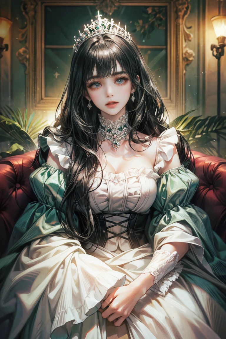 Woman with long black hair, alone, looking at the viewer, green eyes, white dress with ruffles, Princess, Royals