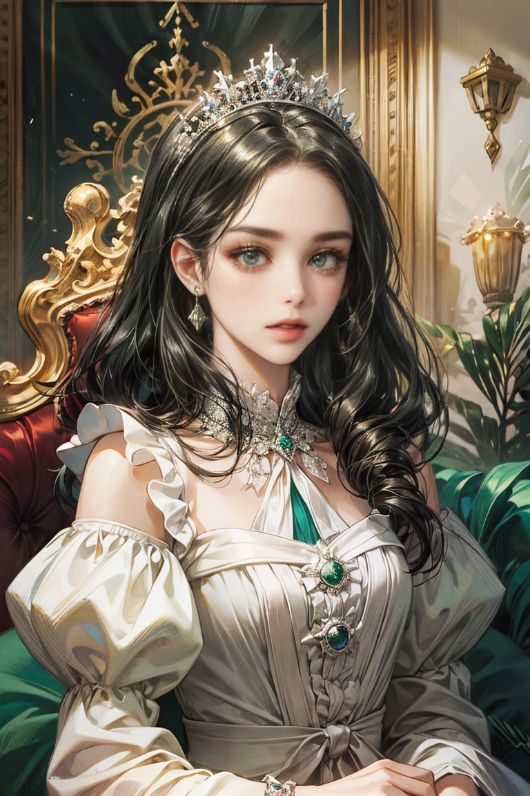 Woman with long black hair, alone, looking at the viewer, green eyes, white dress with ruffles, Princess, Royals