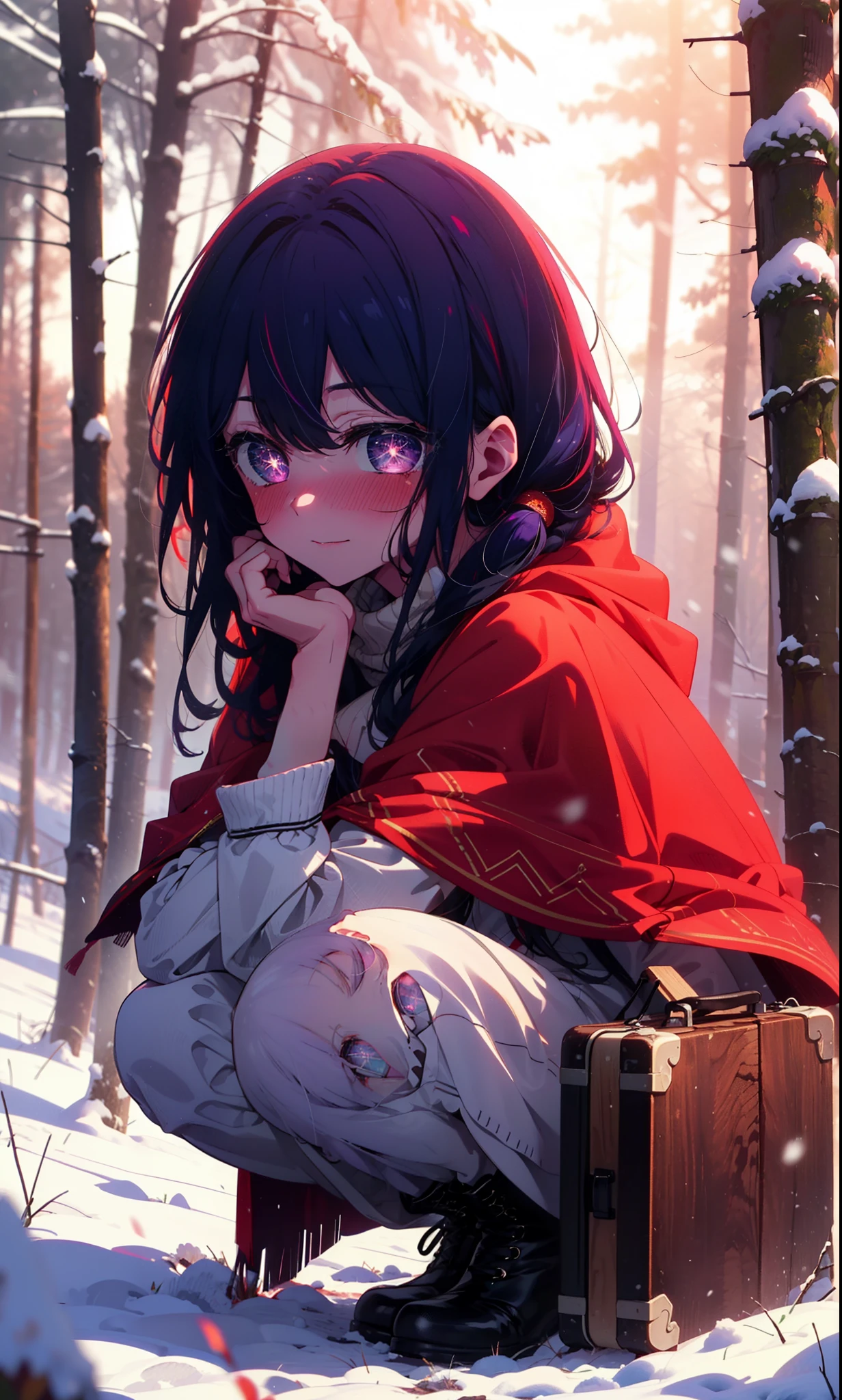 aihoshino, Ai Hoshino, Long Hair, bangs, (Purple eyes:1.1), Purple Hair, (Symbol-shaped pupil:1.5), smile,,smile,blush,White Breath,
Open your mouth,snow,Ground bonfire, Outdoor, boots, snowing, From the side, wood, suitcase, Cape, Blurred, , forest, White handbag, nature, Squat, Mouth closed, Cape, winter, Written boundary depth, Black shoes, red Cape break looking at viewer, Upper Body, whole body, break Outdoor, forest, nature, break (masterpiece:1.2), Highest quality, High resolution, unity 8k wallpaper, (shape:0.8), (Beautiful and beautiful eyes:1.6), Highly detailed face, Perfect lighting, Extremely detailed CG, (Perfect hands, Perfect Anatomy),