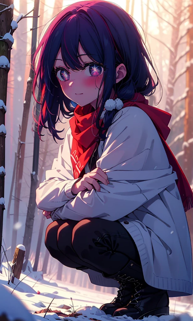 aihoshino, Ai Hoshino, Long Hair, bangs, (Purple eyes:1.1), Purple Hair, (Symbol-shaped pupil:1.5), smile,,smile,blush,White Breath,
Open your mouth,snow,Ground bonfire, Outdoor, boots, snowing, From the side, wood, suitcase, Cape, Blurred, , forest, White handbag, nature, Squat, Mouth closed, Cape, winter, Written boundary depth, Black shoes, red Cape break looking at viewer, Upper Body, whole body, break Outdoor, forest, nature, break (masterpiece:1.2), Highest quality, High resolution, unity 8k wallpaper, (shape:0.8), (Beautiful and beautiful eyes:1.6), Highly detailed face, Perfect lighting, Extremely detailed CG, (Perfect hands, Perfect Anatomy),