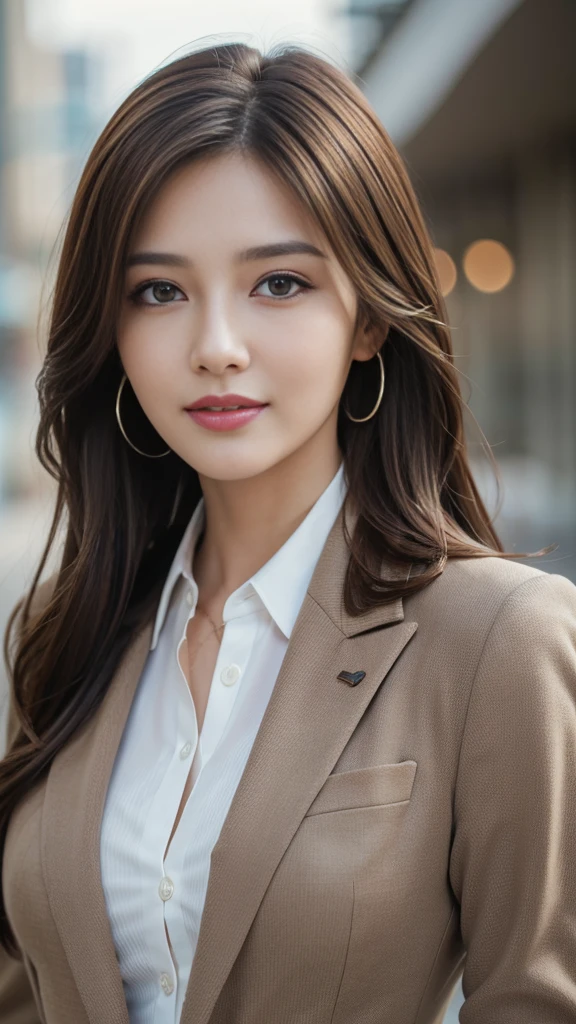 masterpiece, Highest quality, Realistic, Very detailed, Attention to detail, High resolution, 8k wallpaper, One beautiful woman,, Light brown messy hair, Wearing a business suit, Sharp focus, Perfect dynamic composition, Beautiful and beautiful eyes, Thin Hair, Detailed Realistic skin texture, smile, Close-up portrait, Model Body Type