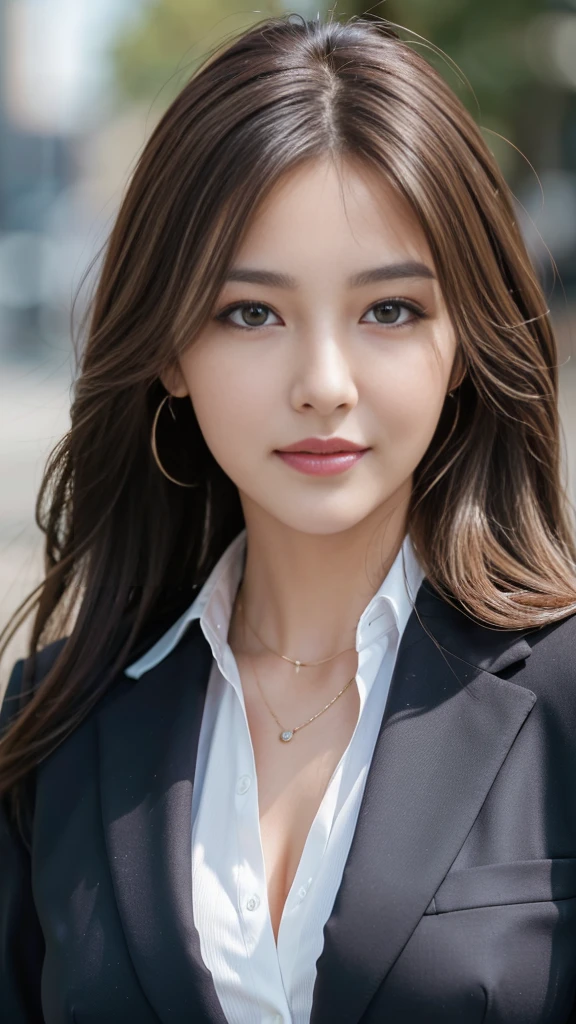masterpiece, Highest quality, Realistic, Very detailed, Attention to detail, High resolution, 8k wallpaper, One beautiful woman,, Light brown messy hair, Wearing a business suit, Sharp focus, Perfect dynamic composition, Beautiful and beautiful eyes, Thin Hair, Detailed Realistic skin texture, smile, Close-up portrait, Model Body Type
