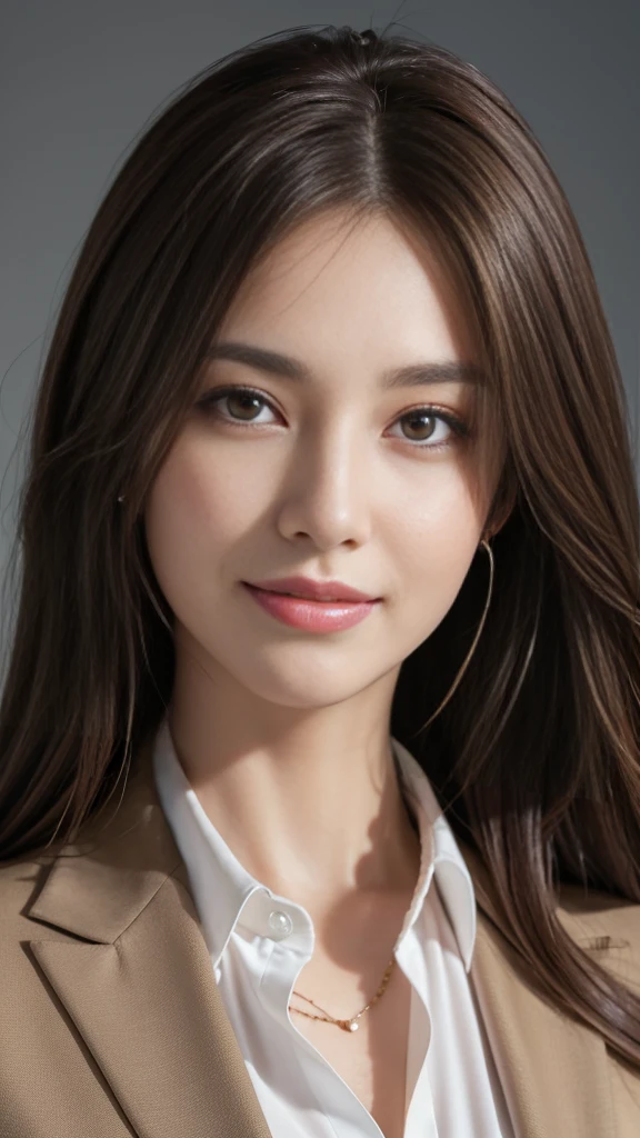 masterpiece, Highest quality, Realistic, Very detailed, Attention to detail, High resolution, 8k wallpaper, One beautiful woman,, Light brown messy hair, Wearing a business suit, Sharp focus, Perfect dynamic composition, Beautiful and beautiful eyes, Thin Hair, Detailed Realistic skin texture, smile, Close-up portrait, Model Body Type