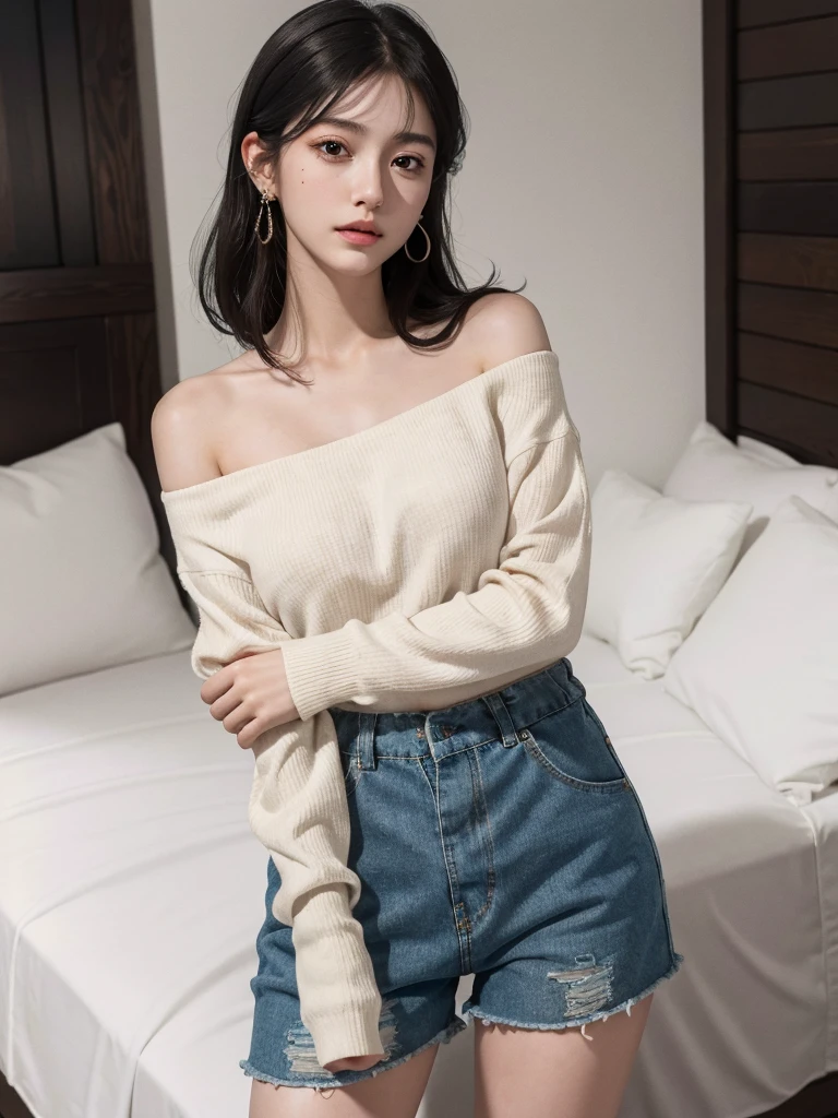 absurdres, RAW photo, extremely delicate and beautiful, masterpiece, Best Quality, ultra high resolution, 32k, hyperrealistic, ultra-detailed, in her 20s, delicate facial features, beautiful detailed girl, tearful mole, earring, medium breasts, full body shot, shorter middle hair, black hair, Joggers Shorts, bare shoulder,