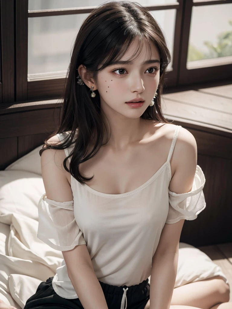 absurdres, RAW photo, extremely delicate and beautiful, masterpiece, Best Quality, ultra high resolution, 32k, hyperrealistic, ultra-detailed, in her 20s, delicate facial features, beautiful detailed girl, tearful mole, earring, medium breasts, full body shot, shorter middle hair, black hair, Joggers Shorts, bare shoulder,