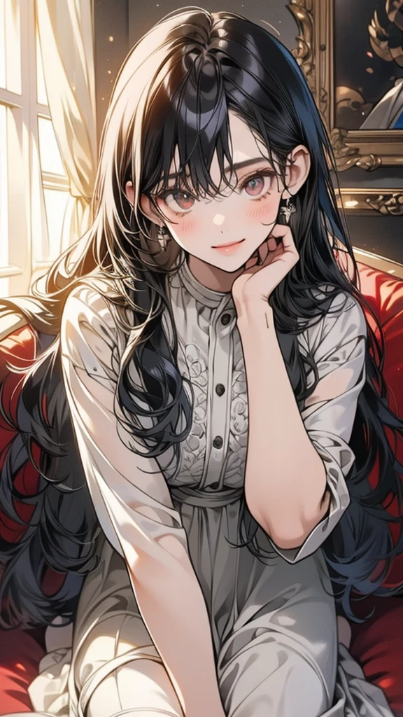 (masterpiece), (correct proportions), (soft lighting), best quality, female, mature, slender, black hair, flat long straight hair, flat bangs, Detailed Hazel eyes, gentle smile, BREAK Casual clothes, darkgrey, offwhite, BREAK Extreme closeup on the subjects face, depth of field effect, low aperture shot, only the subject is in focus, Lived in living room, warm lighting, sitting on the sofa, BREAK
