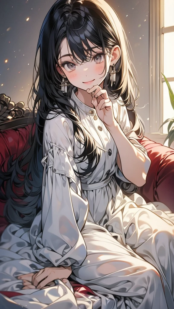 (masterpiece), (correct proportions), (soft lighting), best quality, female, mature, slender, black hair, flat long straight hair, flat bangs, Detailed Hazel eyes, gentle smile, BREAK Casual clothes, darkgrey, offwhite, BREAK Extreme closeup on the subjects face, depth of field effect, low aperture shot, only the subject is in focus, Lived in living room, warm lighting, sitting on the sofa, BREAK
