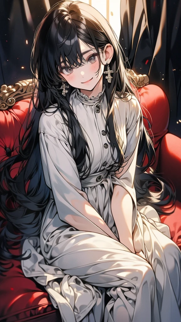 (masterpiece), (correct proportions), (soft lighting), best quality, female, mature, slender, black hair, flat long straight hair, flat bangs, Detailed Hazel eyes, gentle smile, BREAK Casual clothes, darkgrey, offwhite, BREAK Extreme closeup on the subjects face, depth of field effect, low aperture shot, only the subject is in focus, Lived in living room, warm lighting, sitting on the sofa, BREAK