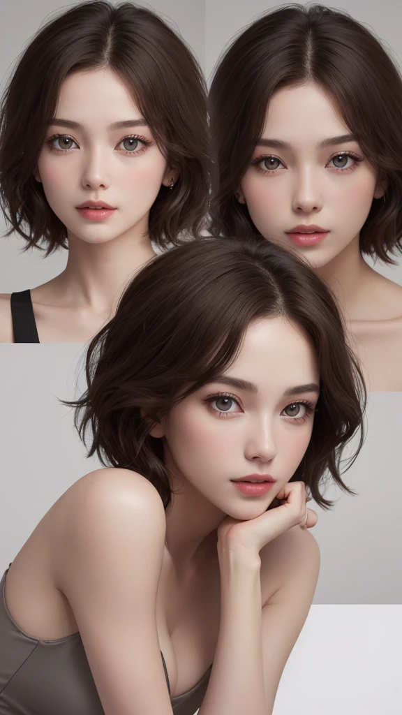 (masterpiece), (Best image quality), 8K resolution, Ultra-fine, 超Ultra-fine, realism, realism, 30 year old mature woman、 Small face, No makeup、Beautiful Face、 short hair, Dark brown hair, Beautiful and beautiful eyes, Bust B cup, 、Small breasts、Silk dress、Cool pose、Gray background