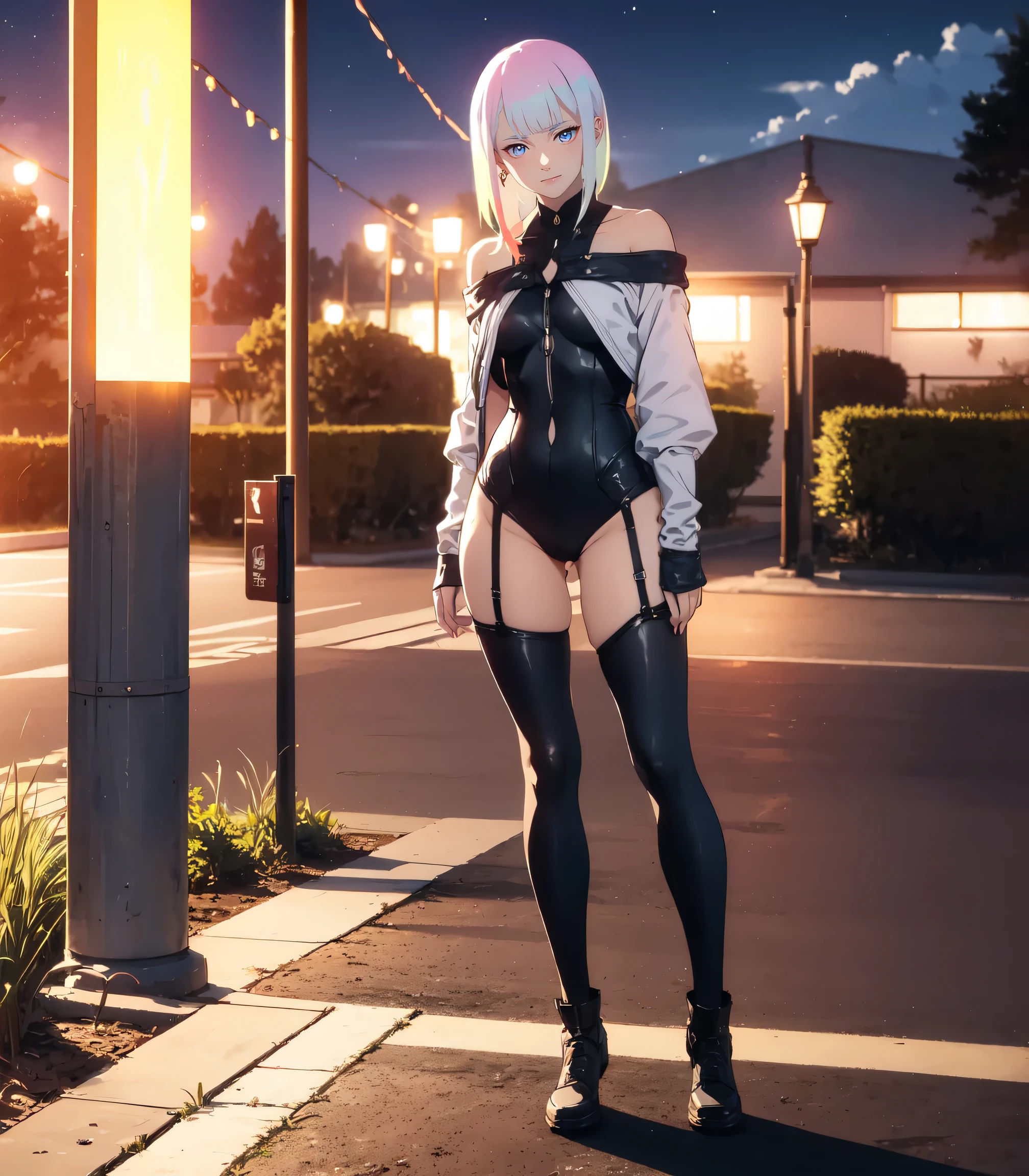 Masterpiece, best quality, 16k resolution, NVIDIA RTX Ray Tracing technology, Create a 4K resolution, ultra-realistic, and extremely detailed artwork, award winning, retina, soft light, sharp focus.(hyper-realistic:1.4), (full body:1.5), (Night, night time:1.4), from above
cyberpunklucy, lucy, short hair, bangs, blue eyes, blue hair, multicolored hair, makeup, (multicolored eyes:1.3), smile, model pose, modeling, squating
BREAK bare hips, bodysuit, leotard, monowire, off shoulder, off-shoulder open clothes, MIDRIFF
BREAK outdoors, city, moon, night, sky, clouds,
sexy, Sexy, smooth perfect skin, smooth_skin
Beautiful、(red blush)、Sexy
FULL BODY SHOT, ultra wide angle, textured skin, face detail, clean skin, perfect hands, perfect anatomy, anatomically correct,
(Realistic park:1.3)