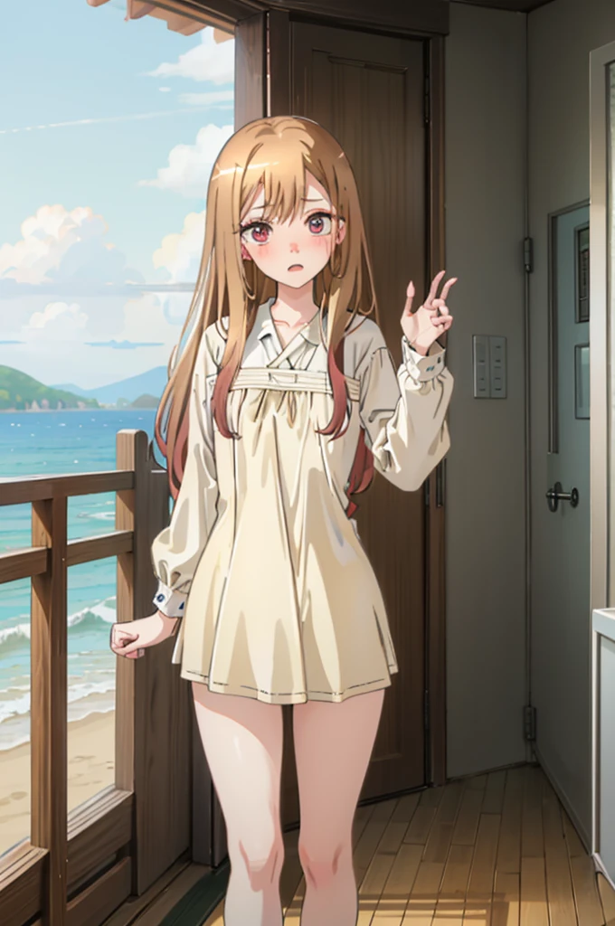 Light brown hair、bikini姿、エッチbikini姿、Random pose、bikini、Light brown hair、Semi-long hair、Pale red eyes、Random pose、Seaside Road、Sea view road、Blushing、Embarrassed expression、、Pale purple eyes、、Blushing、lipstick、Perfect hands、Detailed hands