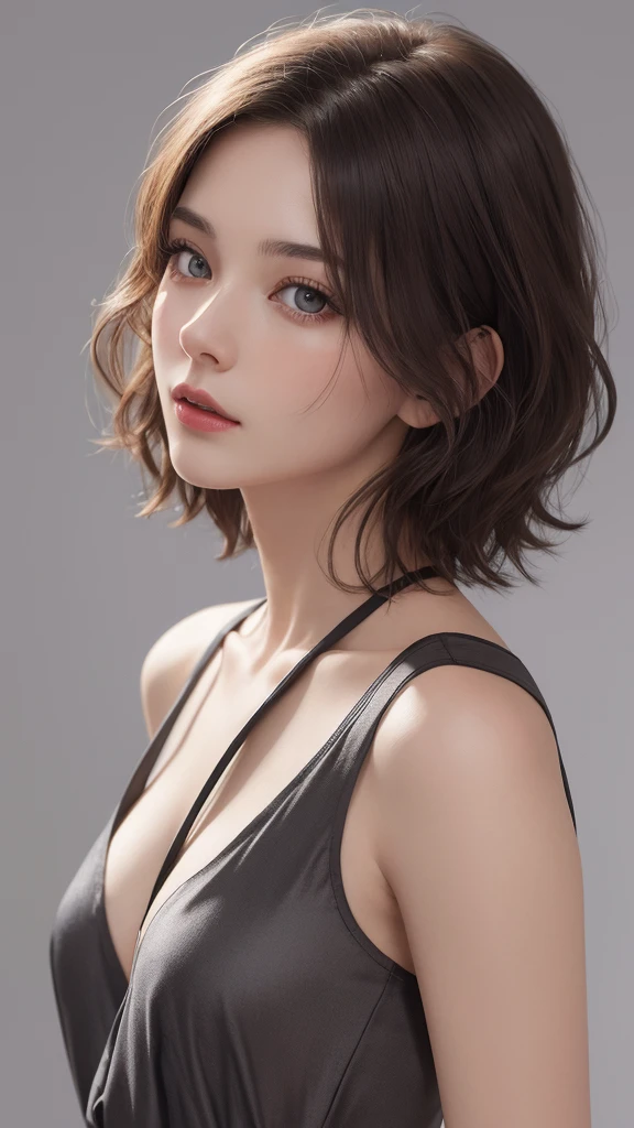 (masterpiece), (Best image quality), 8K resolution, Ultra-fine, 超Ultra-fine, realism, realism, 30 year old mature woman、 Small face, No makeup、Beautiful Face、 short hair, Dark brown hair, Beautiful and beautiful eyes, Bust B cup, 、Small breasts、Silk dress、Cool pose、Gray background