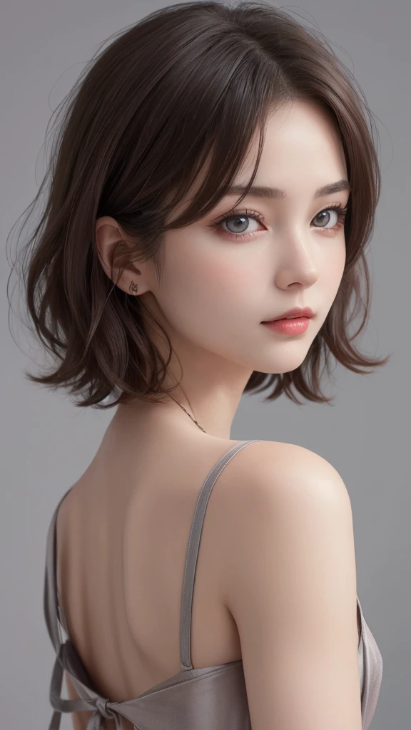 (masterpiece), (Best image quality), 8K resolution, Ultra-fine, 超Ultra-fine, realism, realism, 30 year old mature woman、 Small face, No makeup、Beautiful Face、 short hair, Dark brown hair, Beautiful and beautiful eyes, Bust B cup, 、Small breasts、Silk dress、Cool pose、Gray background