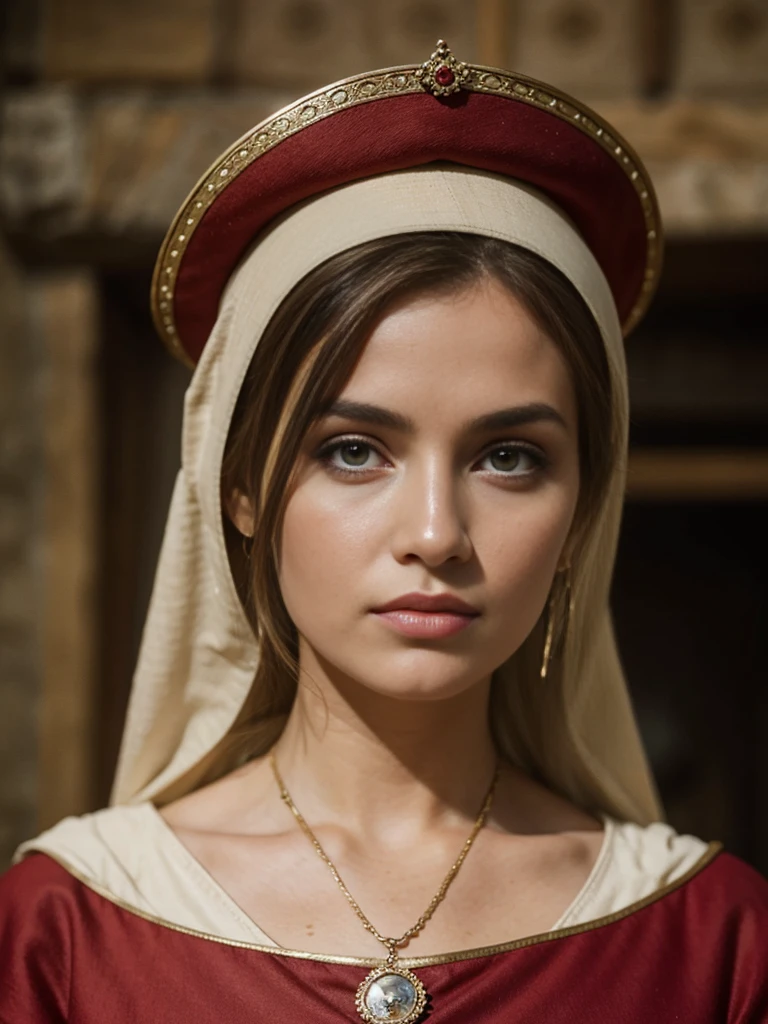 Close up shot , looking at viewer, Medieval British women&#39;s clothing, English girl, 18 age old, (Blond hair, short ponytail , wince, wince,  half-closed  Blue eyes, beautiful lip,  serious), gold crescent earrings, gold neckless, (big breasts, slender whist, wide hip, real public hair, corrected pussy and anal) ,  textured skin , HI detailed skin, (foreshortening, Canon, uhd, anatomically correct,  super detail, high details, highness, 