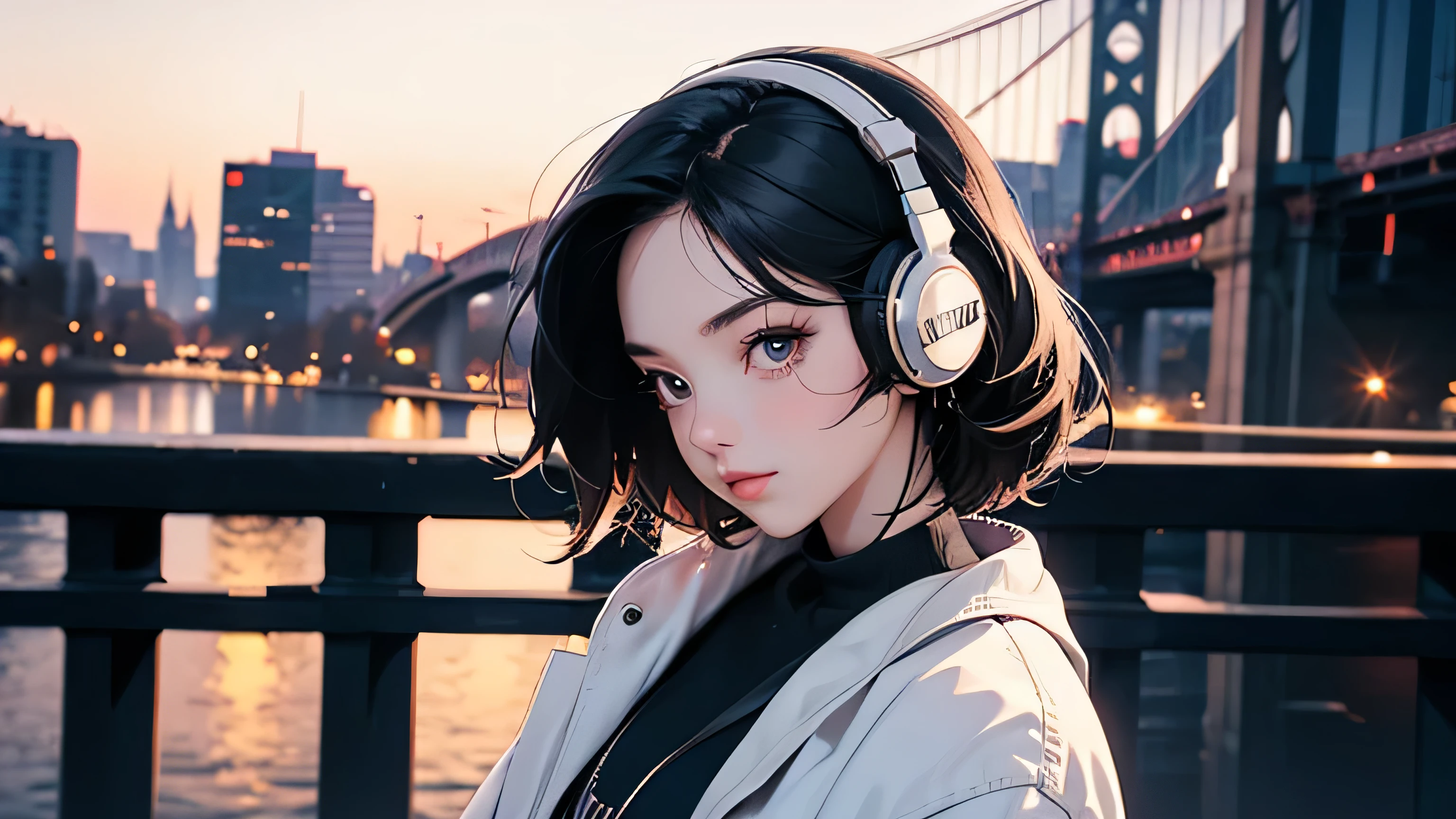 Street fashion girl LOFI Retro Stylish 1980s City evening Black headphones, bridge with night view Looking down Moon