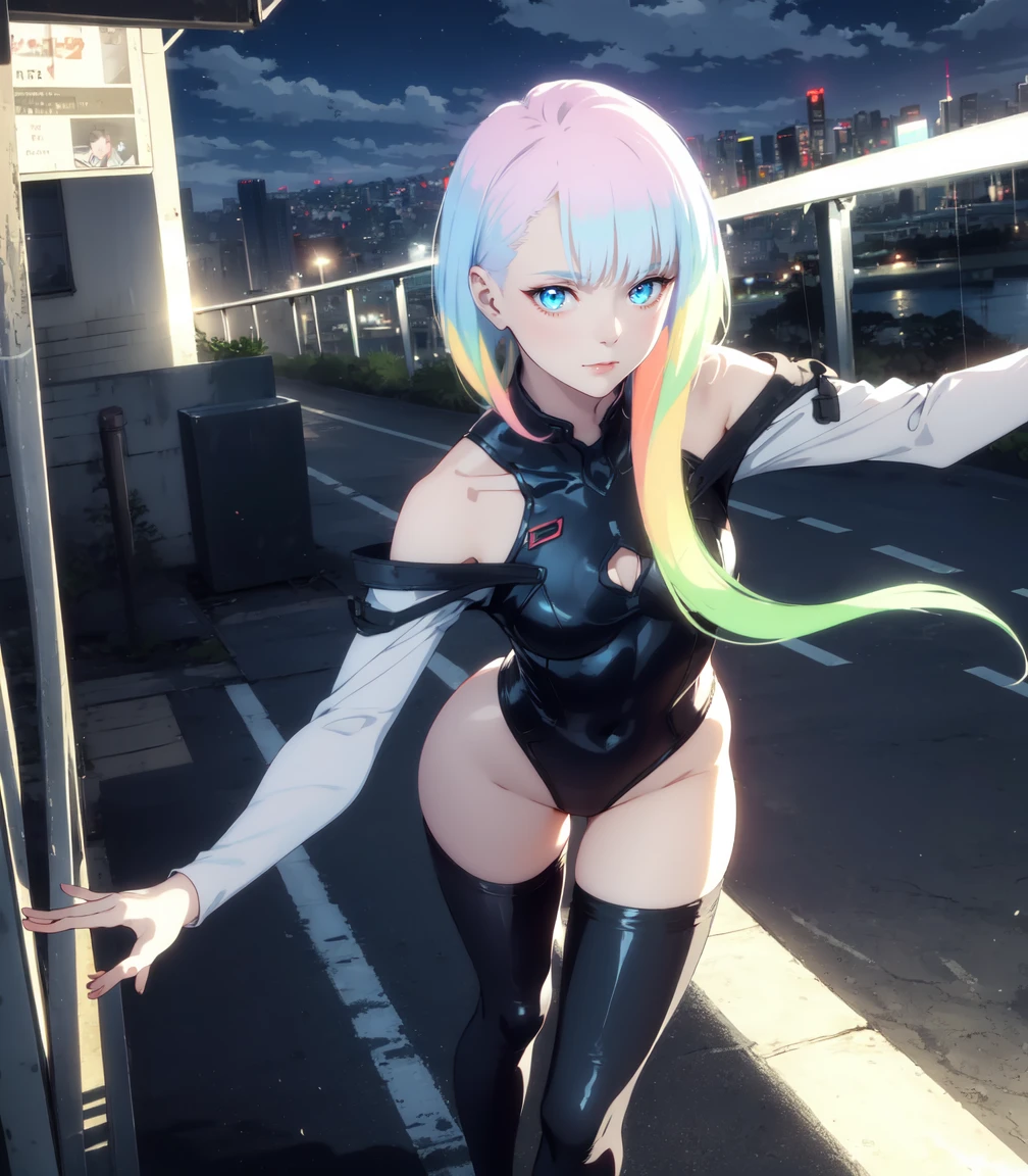 Masterpiece, best quality, 16k resolution, NVIDIA RTX Ray Tracing technology, Create a 4K resolution, ultra-realistic, and extremely detailed artwork, award winning, retina, soft light, sharp focus.(hyper-realistic:1.4), (full body:1.5), (Night, night time:1.4), from above
cyberpunklucy, lucy, short hair, bangs, blue eyes, blue hair, multicolored hair, makeup, (multicolored eyes:1.3), smile, model pose, modeling, squating
BREAK bare hips, bodysuit, leotard, monowire, off shoulder, off-shoulder open clothes, MIDRIFF
BREAK outdoors, city, moon, night, sky, clouds,
sexy, Sexy, smooth perfect skin, smooth_skin
Beautiful、(red blush)、Sexy
FULL BODY SHOT, ultra wide angle, textured skin, face detail, clean skin, perfect hands, perfect anatomy, anatomically correct,
(Realistic park:1.3)