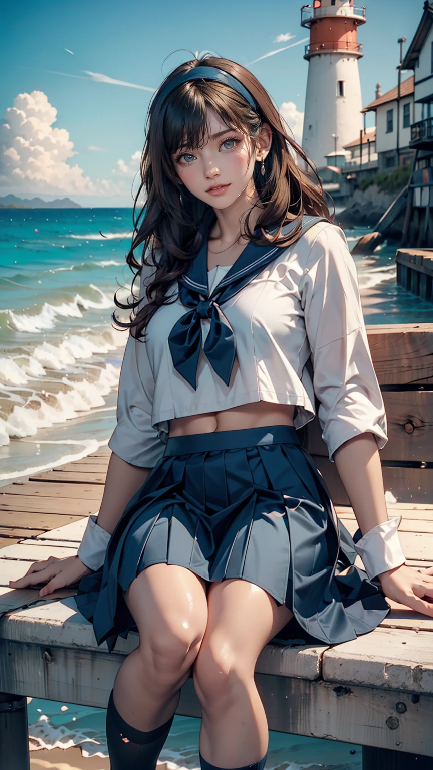 ((最high quality, 8K, masterpiece: 1.3, Ultra HD, high quality, 最high quality, High resolution, realism)) 、Very beautiful 18 year old Japanese girl、I'm wearing a sailor suit、Wearing a navy blue pleated skirt、Wear loafers、Hair is light brown、black eye、Pixie Cut、hair band、Straight hair、smile、sit on a high breakwater on the beach、The blue sky is beautiful、There is a road in front of the breakwater.、The sea is beautiful、Beautiful Horizon、 island can be seen offshore、Entering clouds on the horizon、Lighthouse on the island