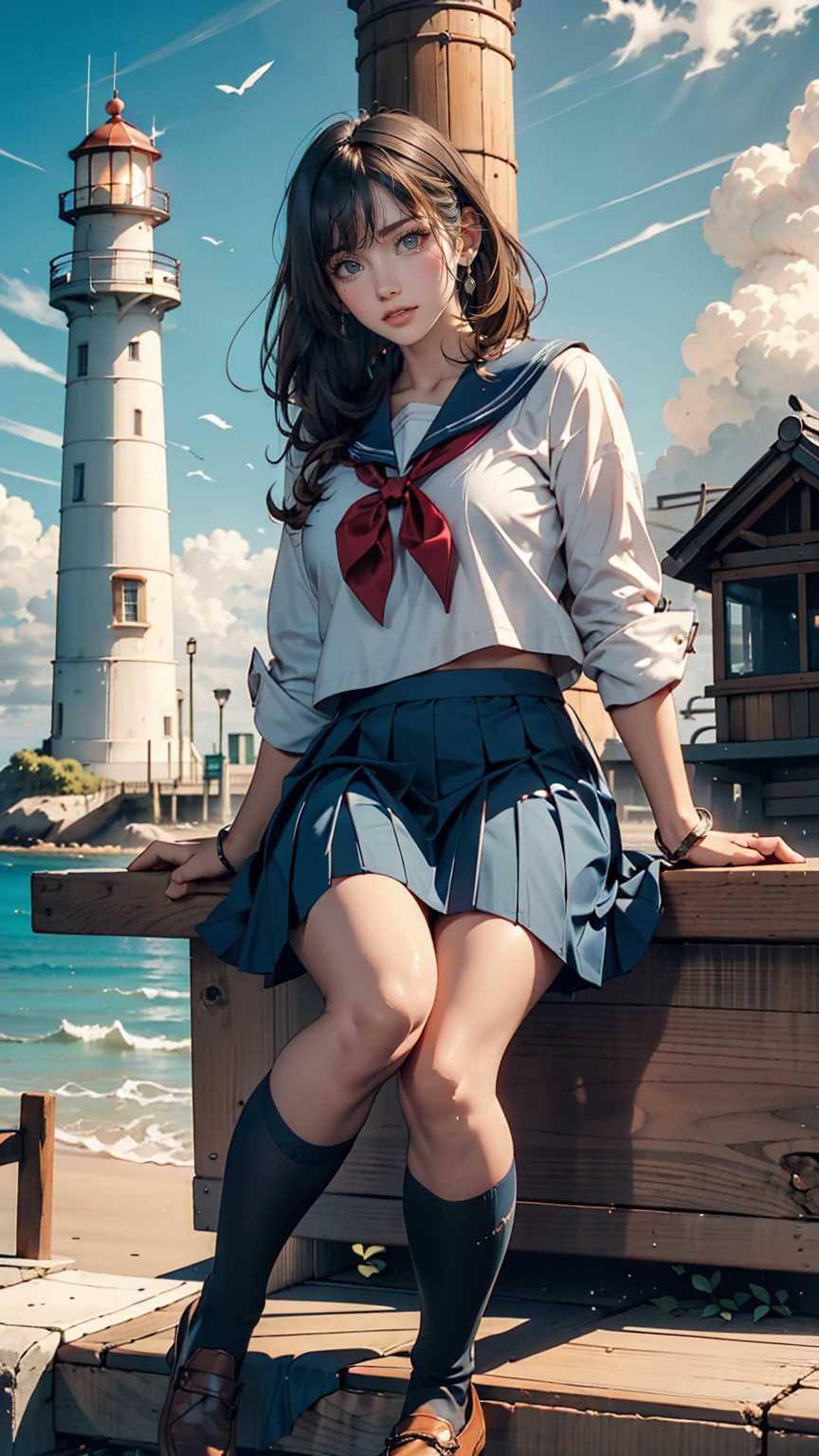 ((最high quality, 8K, masterpiece: 1.3, Ultra HD, high quality, 最high quality, High resolution, realism)) 、Very beautiful 18 year old Japanese schoolgirl、I'm wearing a sailor suit、Wearing a navy blue pleated skirt、Wear loafers、Hair is light brown、black eye、Pixie Cut、hair band、Straight hair、smile、sit on a high breakwater on the beach、The blue sky is beautiful、There is a road in front of the breakwater.、The sea is beautiful、Beautiful Horizon、 island can be seen offshore、Entering clouds on the horizon、Lighthouse on the island